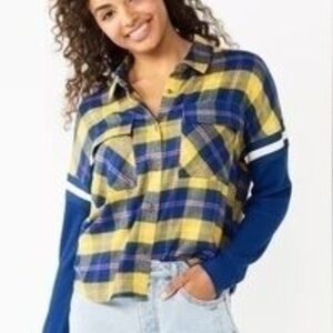 SO Blue and Yellow Plaid Shirt with Long Sleeves